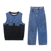Denim Suits Loose Stitching Vest With Casual Pants